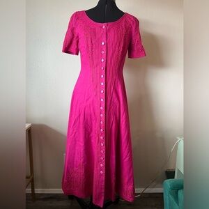 Vintage Marie St Claire Linen Blend Button Front Pink Embroidered Dress Size 4